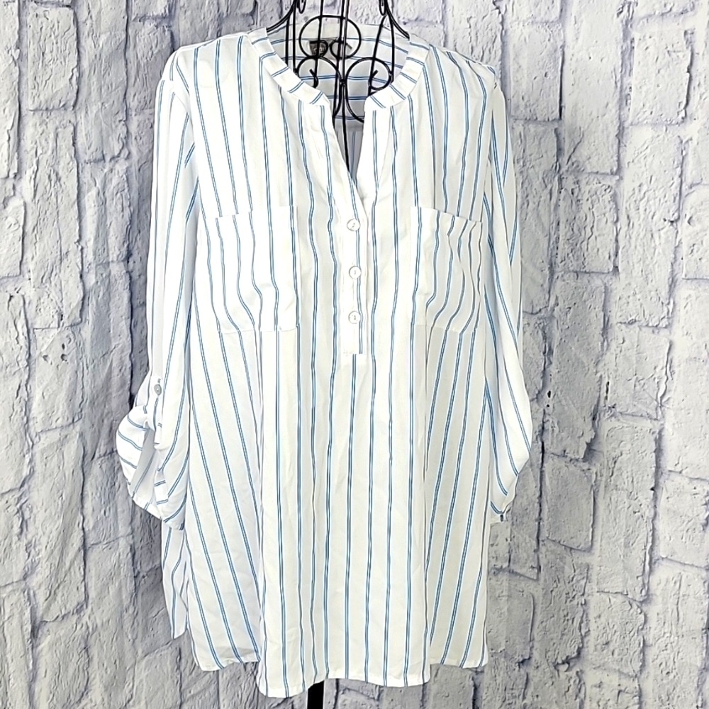 CHICO'S Blue and White Striped 3 Button Up Blouse Large